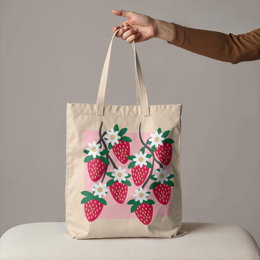 Strawberry Tote Bag | Cute Fruit Canvas Tote | Cottagecore Market Bag | Strawberry Aesthetic Gift | Reusable Shopping Tote