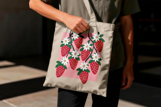 Strawberry Tote Bag | Cute Fruit Canvas Tote | Cottagecore Market Bag | Strawberry Aesthetic Gift | Reusable Shopping Tote